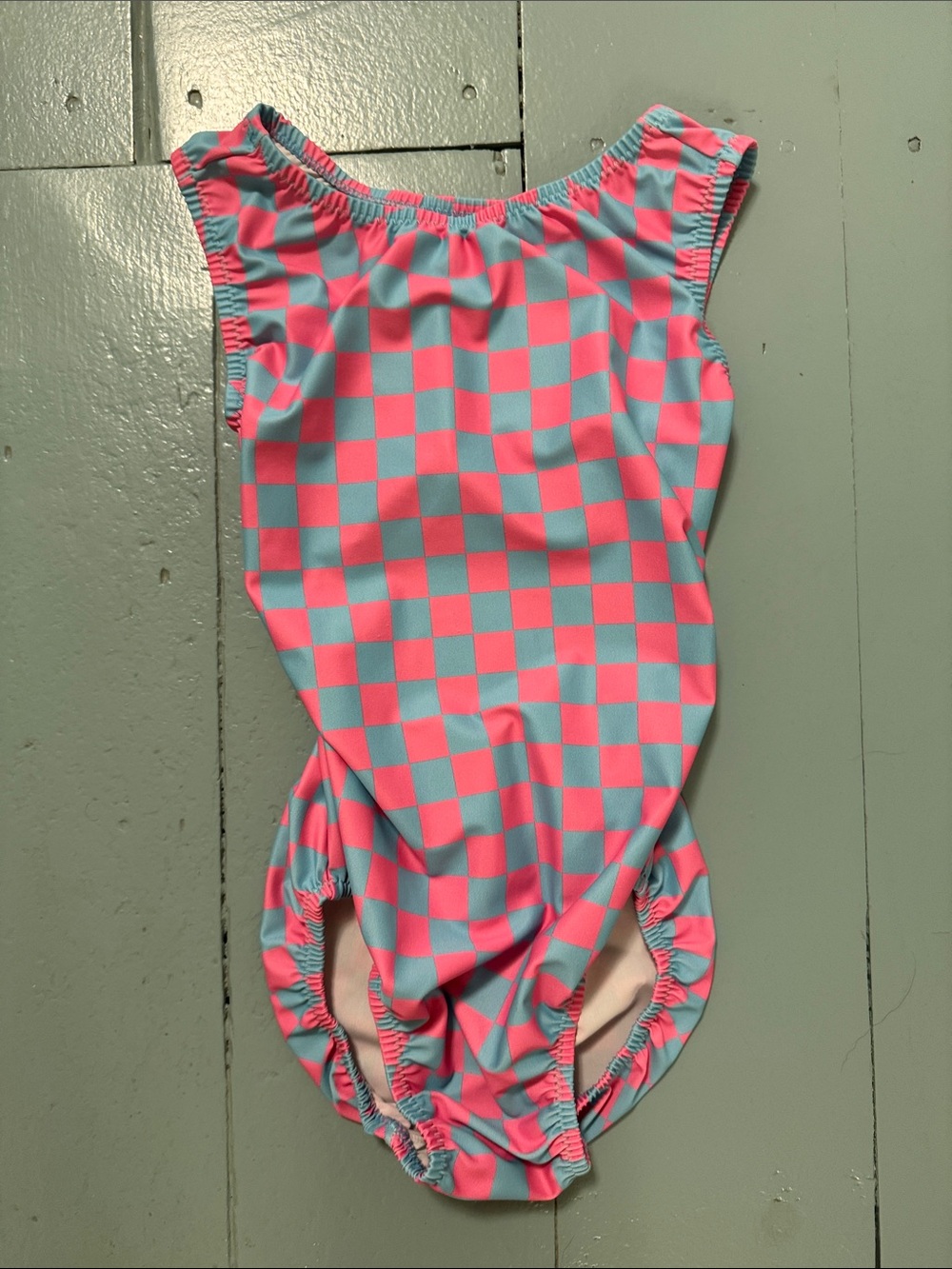 Checkered Pink & Teal gym One-Piece Leotard girls size 10